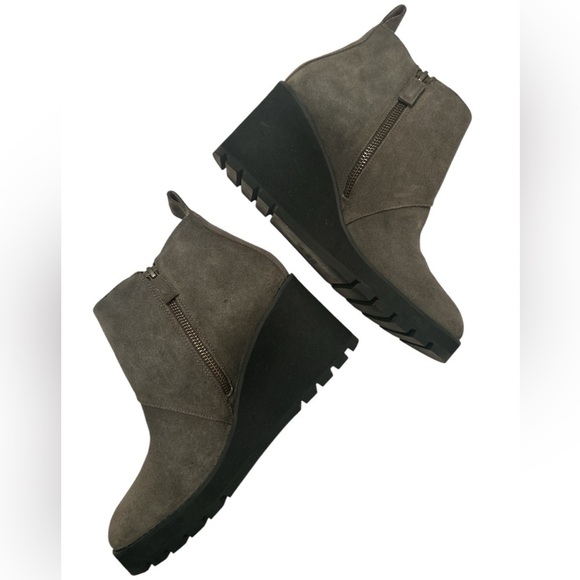 Eileen Fisher Tinker Wedgie Booties Dark Moss Green Suede Size 9.5 City Sleek - Picture 5 of 10